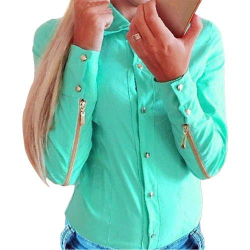 Women Blouses Fashion Vintage Tops Shirt Plus Size Women Clothing Long Sleeve Zipper Blouse Green White OL Body