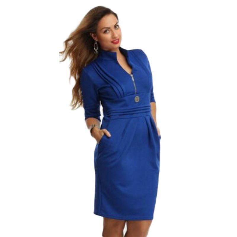 Women V-Neck Pockets Hip Mini Dress Pencil Dress Spring Dress Large Size European Pure Color Dress