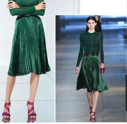 metal color pleated green blue red women long skirt