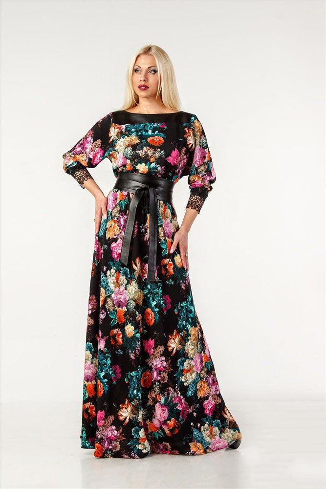 Online discount shop Australia - CASUAL Losse PRINT 3/4 SLEEVE Natural Waistline O-NECK FLOOR LENGTH Women Summer Dress