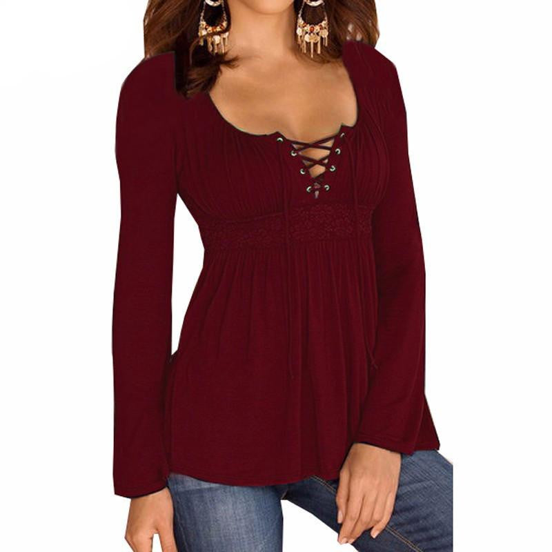 Women Blouse V Neck Long Sleeve Lace Shirt Solid Casual Pleated Lace Up Stretch Blouses Plus Size
