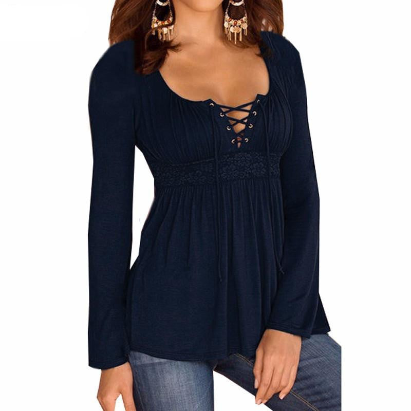 Women Blouse V Neck Long Sleeve Lace Shirt Solid Casual Pleated Lace Up Stretch Blouses Plus Size