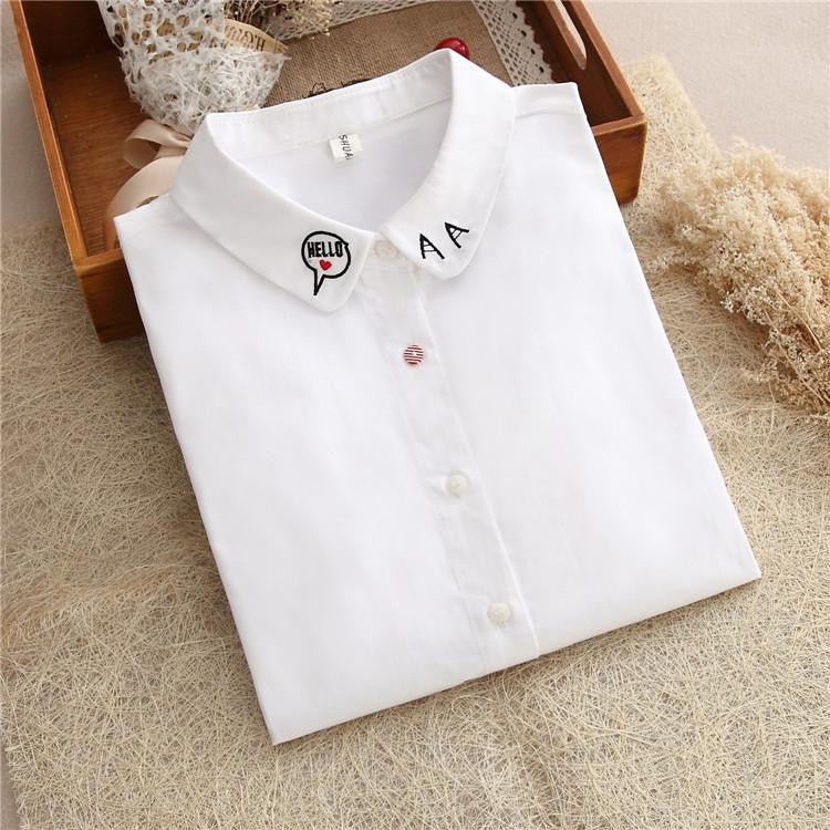 White Blouse Women Work Wear Button Up Lace Turn Down Collar Long Sleeve Cotton Top Shirt Plus Size S-XXL T56302