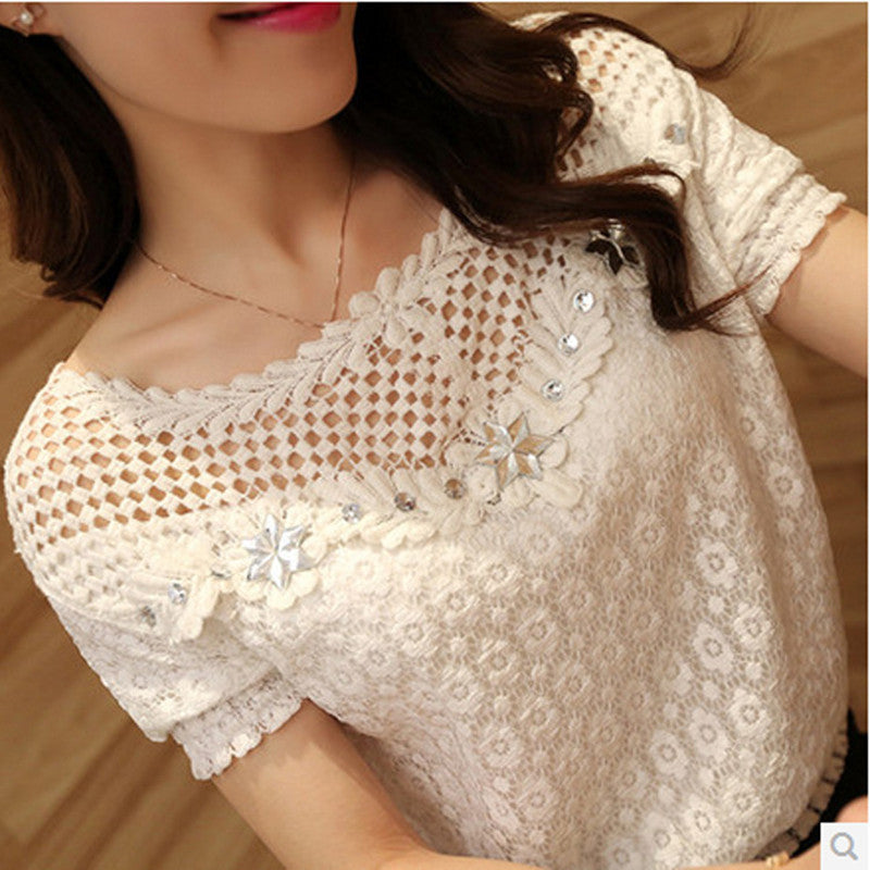 Online discount shop Australia - Elegant Women Long Sleeve White Lace Floral Blouse Shirts O neck Hollow Out Casual Tops Plus Size