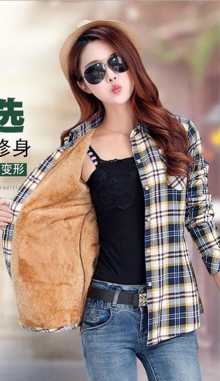Thick Velvet Cotton Long Sleeve Women's Plaid Shirt Flannel Blouses Girl Female Tops