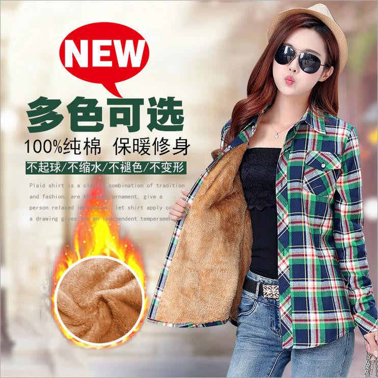 Thick Velvet Cotton Long Sleeve Women's Plaid Shirt Flannel Blouses Girl Female Tops