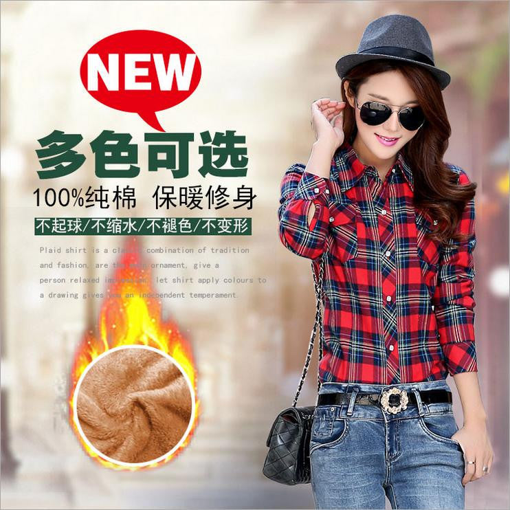 Thick Velvet Cotton Long Sleeve Women's Plaid Shirt Flannel Blouses Girl Female Tops