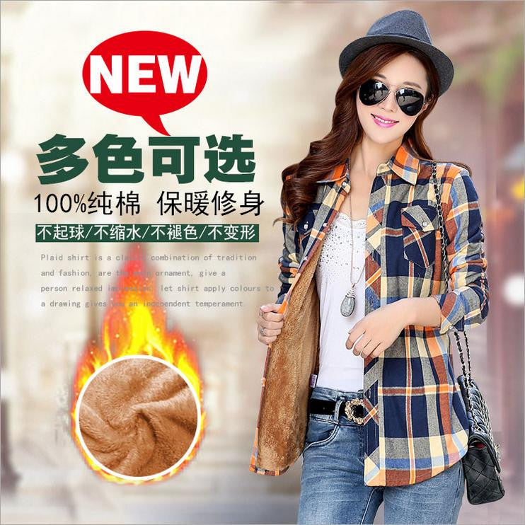 Thick Velvet Cotton Long Sleeve Women's Plaid Shirt Flannel Blouses Girl Female Tops