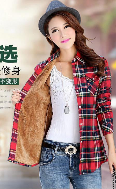 Thick Velvet Cotton Long Sleeve Women's Plaid Shirt Flannel Blouses Girl Female Tops