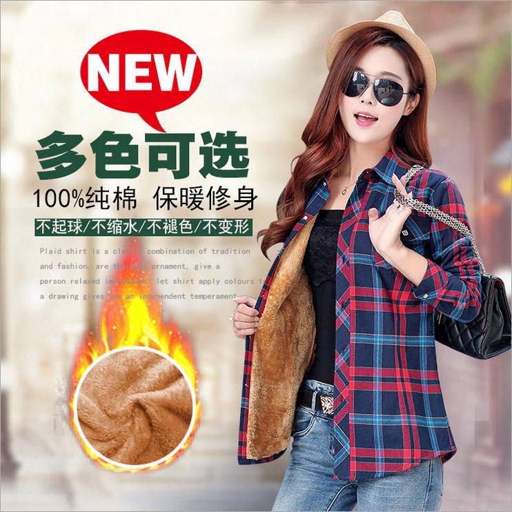 Thick Velvet Cotton Long Sleeve Women's Plaid Shirt Flannel Blouses Girl Female Tops