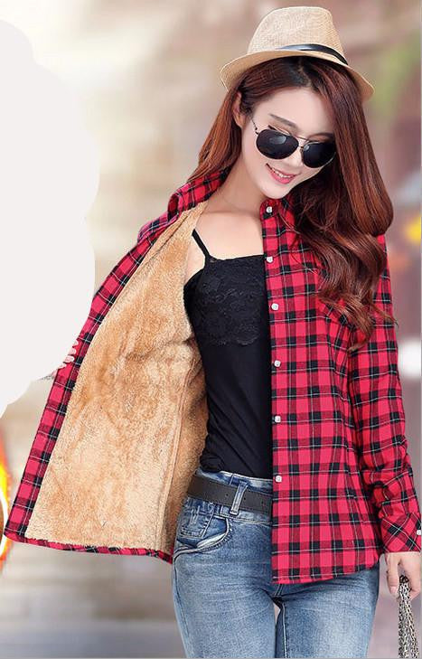 Thick Velvet Cotton Long Sleeve Women's Plaid Shirt Flannel Blouses Girl Female Tops