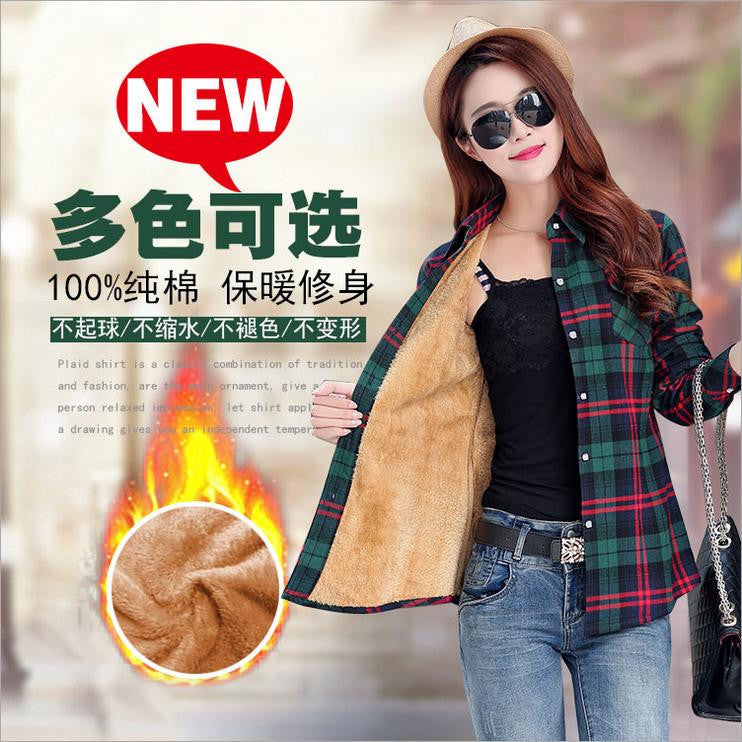 Thick Velvet Cotton Long Sleeve Women's Plaid Shirt Flannel Blouses Girl Female Tops