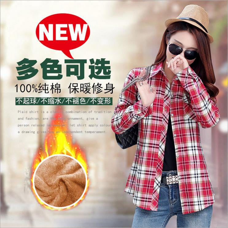 Thick Velvet Cotton Long Sleeve Women's Plaid Shirt Flannel Blouses Girl Female Tops