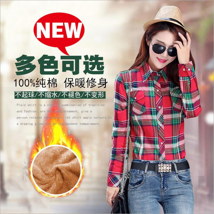 Thick Velvet Cotton Long Sleeve Women's Plaid Shirt Flannel Blouses Girl Female Tops