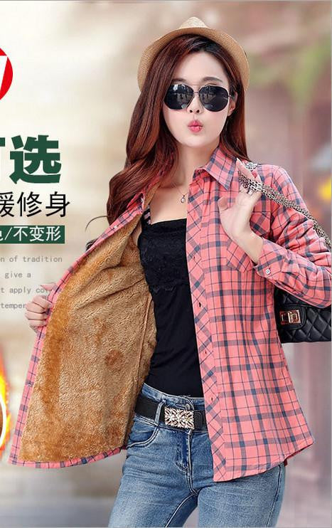 Thick Velvet Cotton Long Sleeve Women's Plaid Shirt Flannel Blouses Girl Female Tops