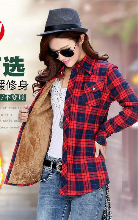 Thick Velvet Cotton Long Sleeve Women's Plaid Shirt Flannel Blouses Girl Female Tops