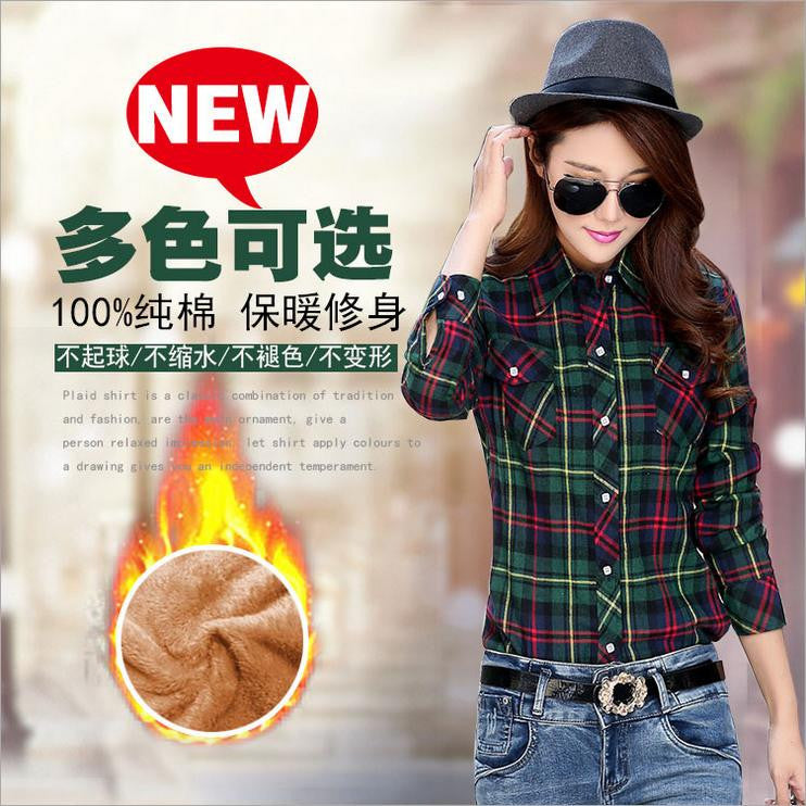 Thick Velvet Cotton Long Sleeve Women's Plaid Shirt Flannel Blouses Girl Female Tops