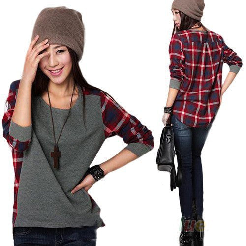 Long Sleeve plaid Bottoming Shirt women Female hoodie size Loose blouse DF-010