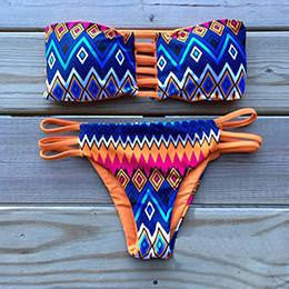 Push Up Bikini Set Reversible Print Strapless Padded Bra Beach Bathing Suits