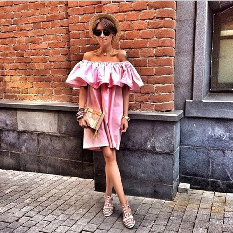 Online discount shop Australia - Fashion women Summer strapless Sexy Slash Ruffled Strapless Backless the beach style Loose Solid color dress