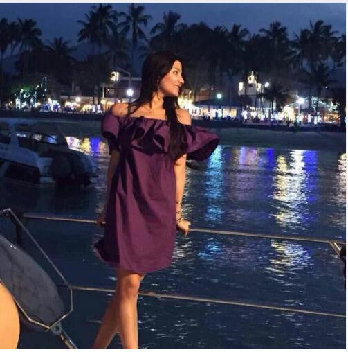 Online discount shop Australia - Fashion women Summer strapless Sexy Slash Ruffled Strapless Backless the beach style Loose Solid color dress