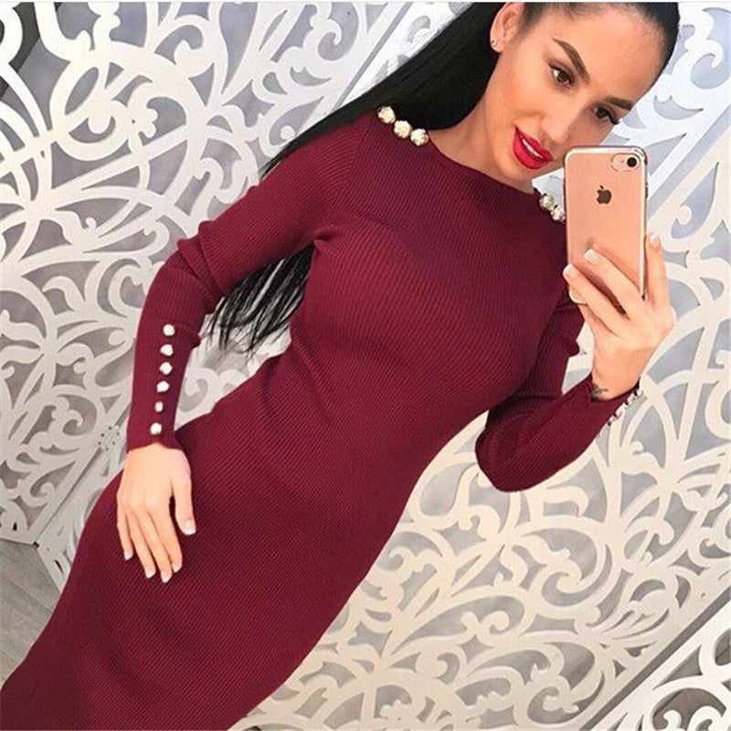 Online discount shop Australia - Fashion Women Sexy Bodycon Dress Autumn Winter Knitted Midi Dress Vestdos Solid Long Sleeve Package Hip Dress Vestidos
