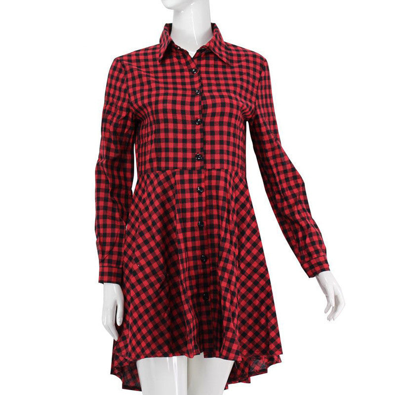 Preppy Style Women Summer Autumn Dress 3/4 Sleeve Red Plaid Print Office Shirt Cardigan Dresses Work Wear DR5985