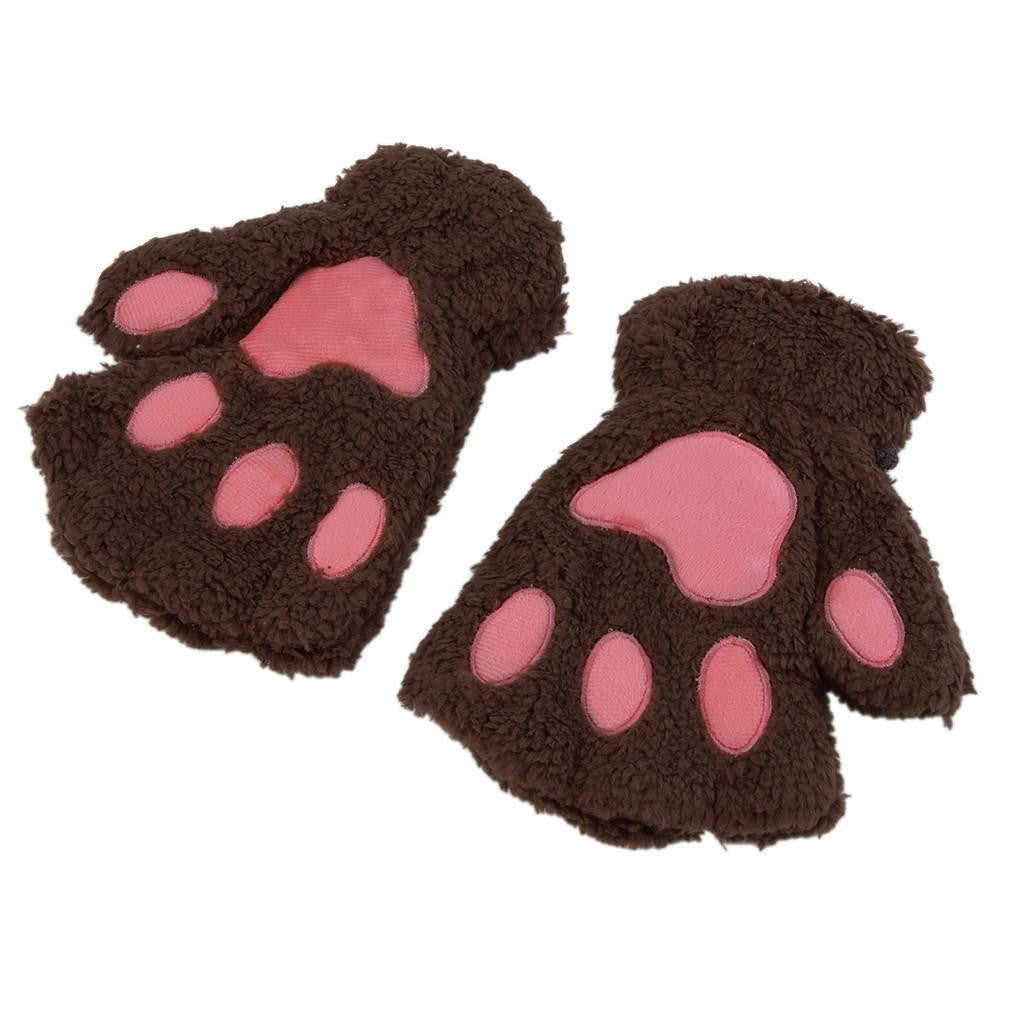 Woman Fluffy Bear Cat Plush Paw Claw Glove Novelty soft toweling lady's half covered gloves mittens Valentine's Day Gift