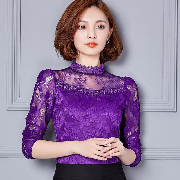 Women lace tops Fashion Elegant blouse shirt Long-sleeve Hollow lace shirt