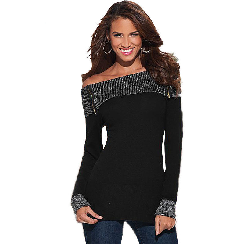 Online discount shop Australia - Fashion Long Sleeve Slash Neck T Shirt Women   New Black Sexy Off Shoulder Tops Silver line Patchwork Plus Size Tops
