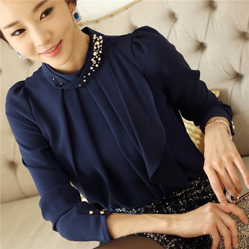 Fashion Long Sleeve Chiffon Blouse Women Stand Neck With Diamonds Solid Plus Size Casual Tops