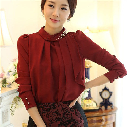 Fashion Long Sleeve Chiffon Blouse Women Stand Neck With Diamonds Solid Plus Size Casual Tops