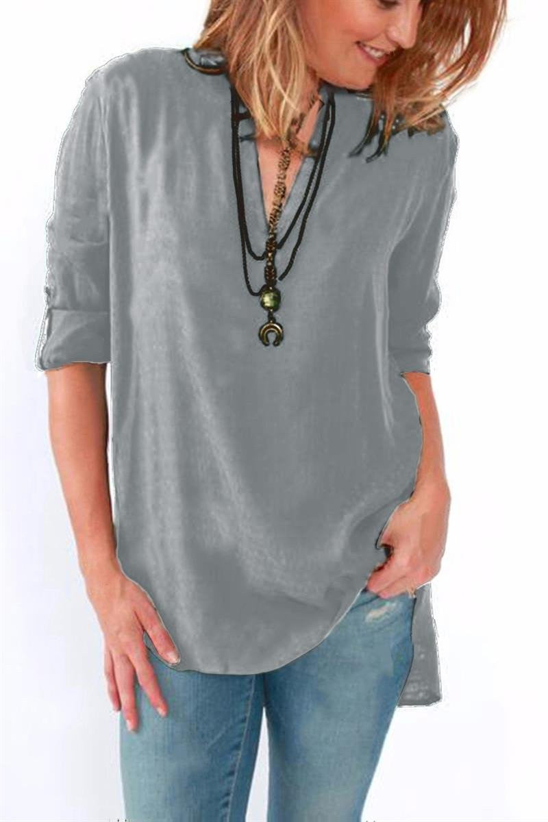 Women Blouses Long Sleeve Shirts Solid V-neck Vintage Shirt Wild Casual Loose Blouse Ladies Tops Plus Size LJ5189A