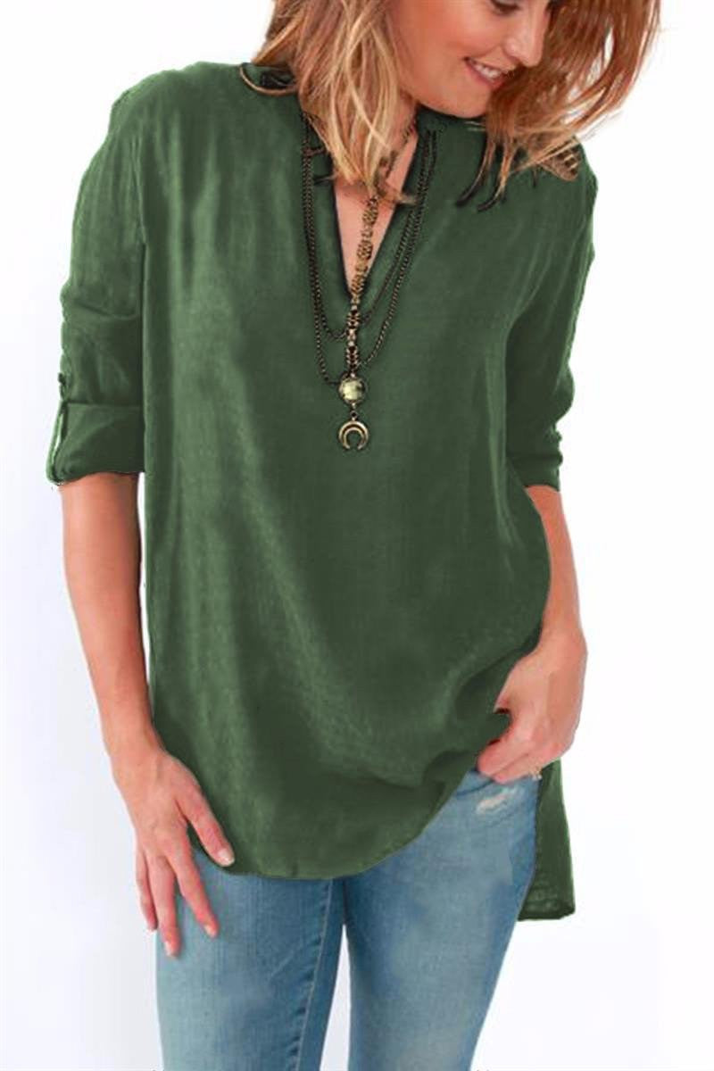 Women Blouses Long Sleeve Shirts Solid V-neck Vintage Shirt Wild Casual Loose Blouse Ladies Tops Plus Size LJ5189A