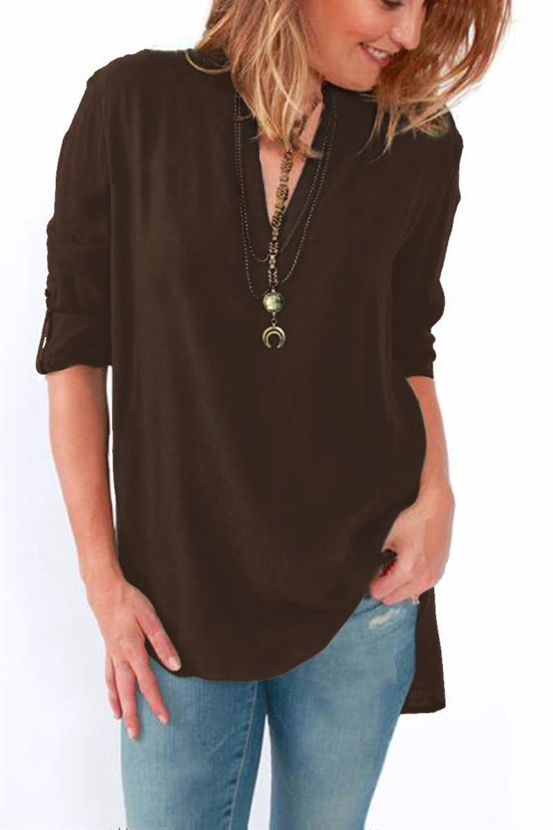 Women Blouses Long Sleeve Shirts Solid V-neck Vintage Shirt Wild Casual Loose Blouse Ladies Tops Plus Size LJ5189A