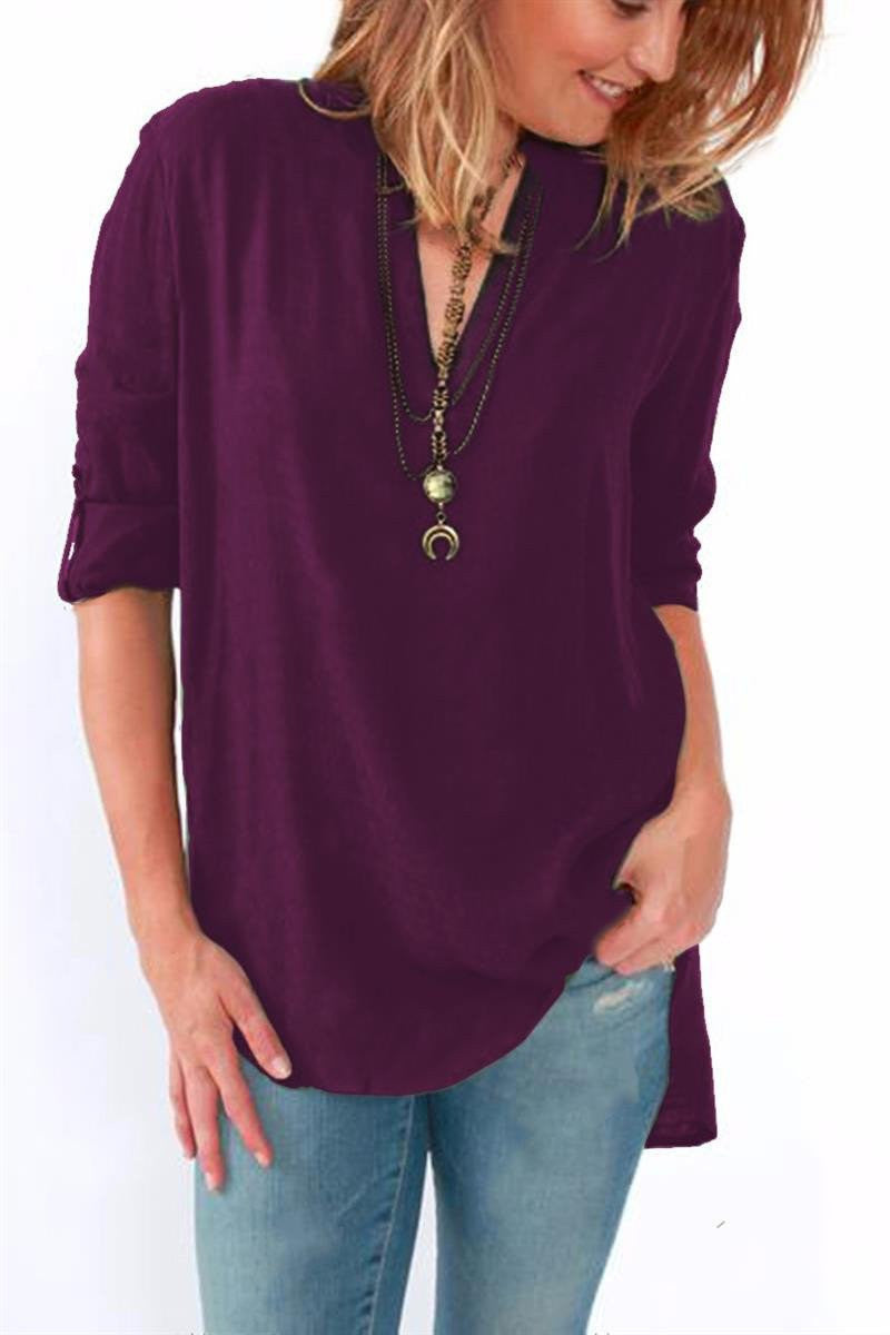 Women Blouses Long Sleeve Shirts Solid V-neck Vintage Shirt Wild Casual Loose Blouse Ladies Tops Plus Size LJ5189A