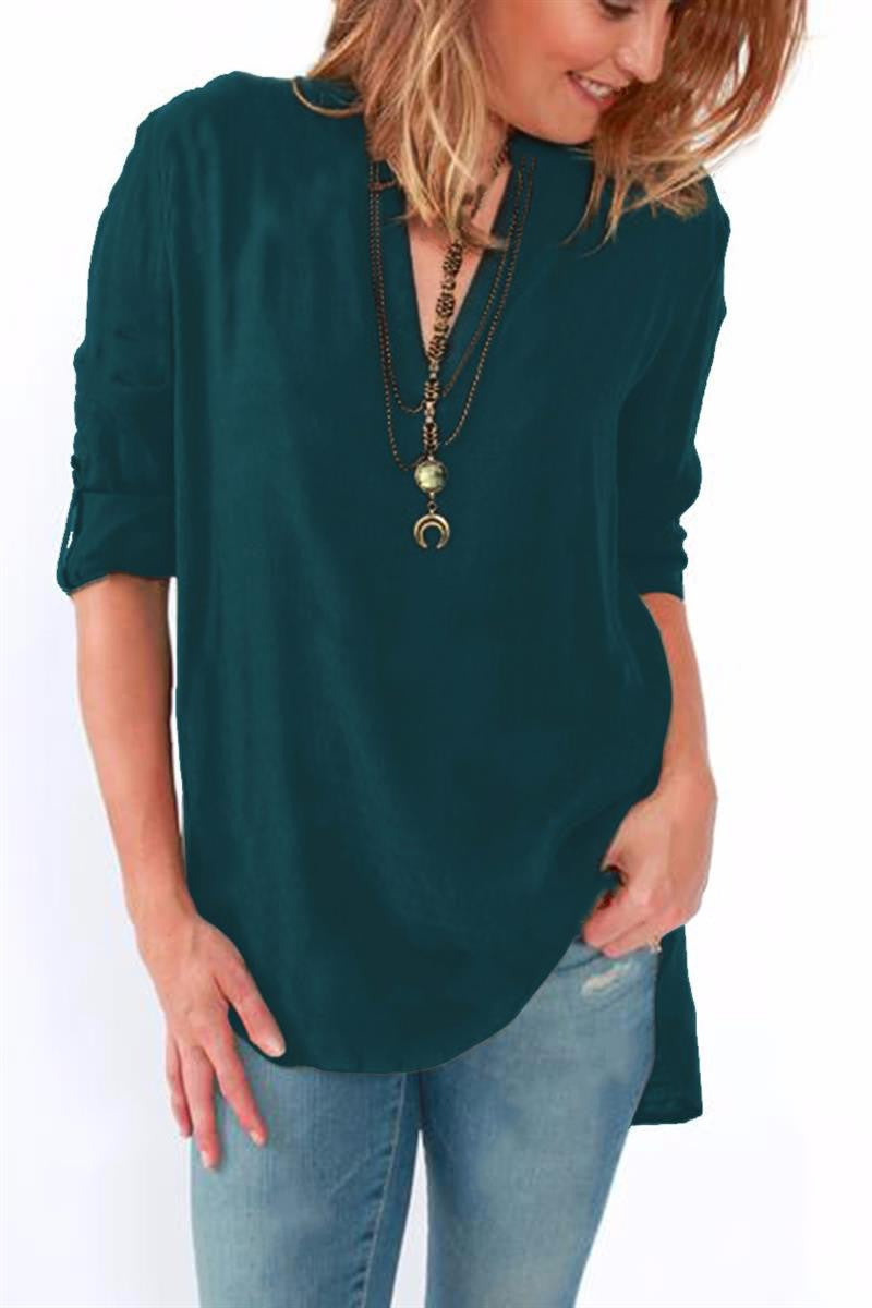 Women Blouses Long Sleeve Shirts Solid V-neck Vintage Shirt Wild Casual Loose Blouse Ladies Tops Plus Size LJ5189A