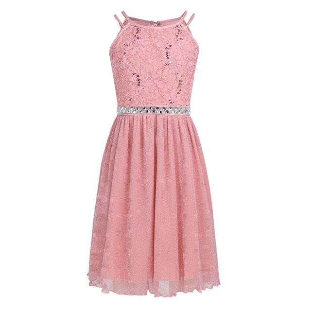 Kids Girls Sleeveless Sequined Floral Lace Shiny Princess Tulle Dress for Birthday Party Summer Prom Clothes