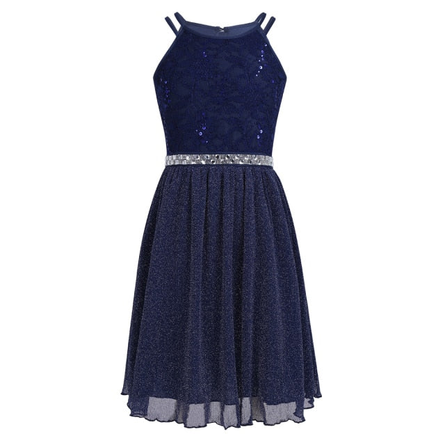 Kids Girls Sleeveless Sequined Floral Lace Shiny Princess Tulle Dress for Birthday Party Summer Prom Clothes