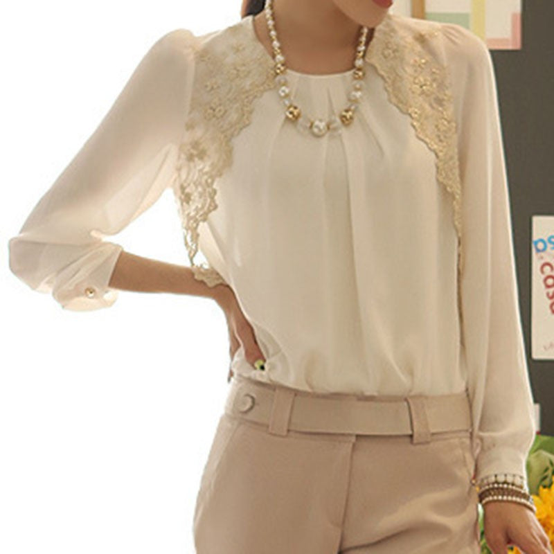 Casual Chiffon Shirts Turn-down Collar White Blouse Brand Women Lace Loose Plus Size
