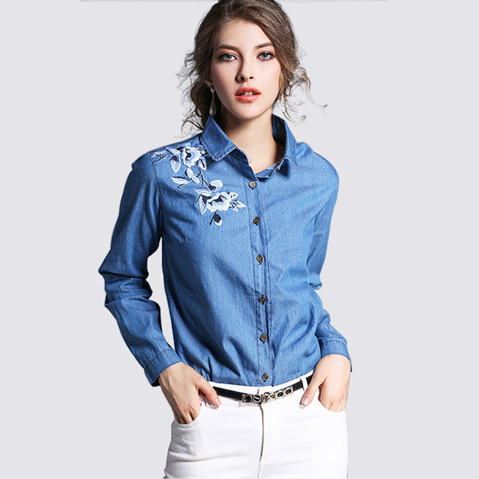 fashion denim shirt women's long sleeve denim blouse embroidered denim shirts female vintage Jeans blouse casual tops