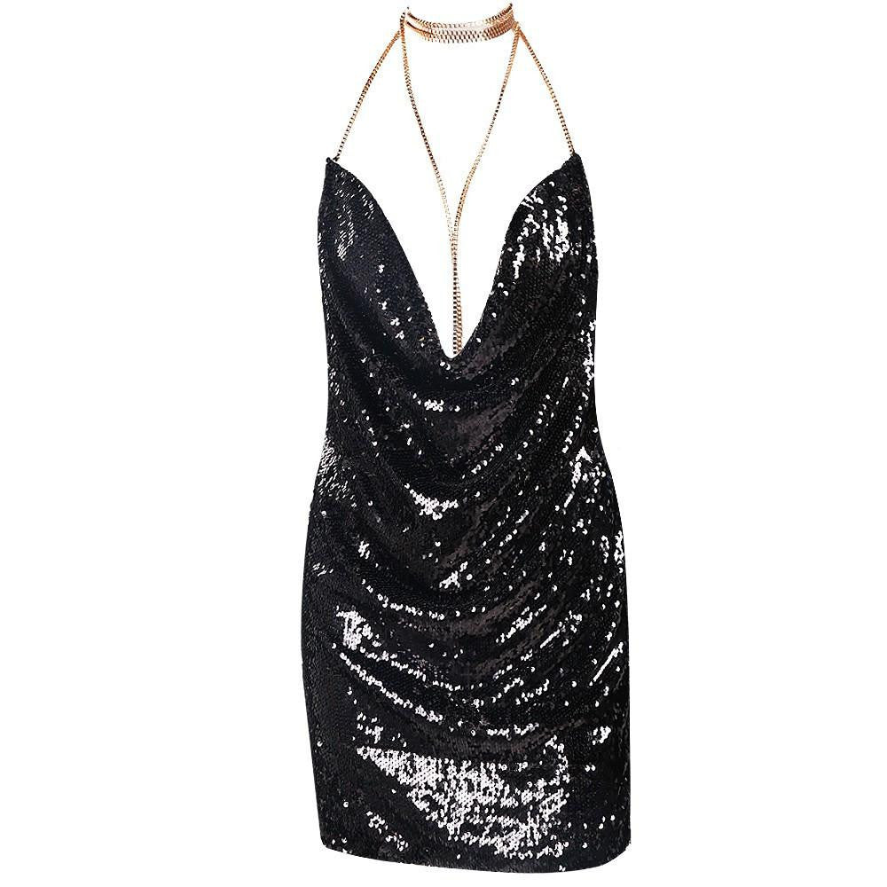 sleeveless Deep-V halter split sequin dress backless metal Christmas party dress FT4928