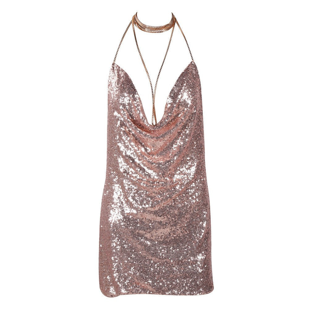 sleeveless Deep-V halter split sequin dress backless metal Christmas party dress FT4928