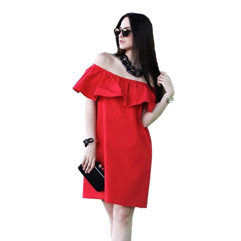 Online discount shop Australia - Fashion women Summer strapless Sexy Slash Ruffled Strapless Backless the beach style Loose Solid color dress