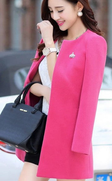 candy-colored woolen coat woolen coat long paragraph Slim cardigan women's collarless coat