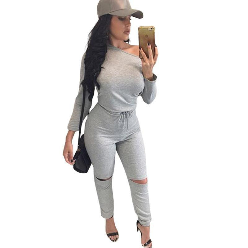 Online discount shop Australia - Glamaker Sexy off shoulder long sleeve jumpsuit romper hollow out gray jumpsuit women Fashion wine red jumpsuit