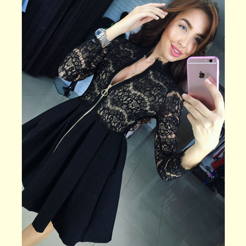 Online discount shop Australia - Autumn New Vestido Women Fashion Casual Lace Patchwork Dress Sexy V-Neck Long Sleeve Evening Party Dresses Vestido De Festa