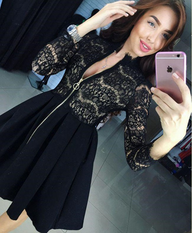 Autumn Vestido Women Fashion Casual Lace Patchwork Dress V-Neck Long Sleeve Evening Party Dresses Vestido De Festa