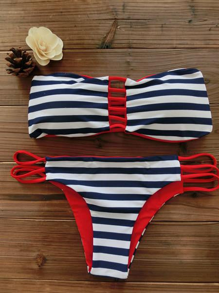 Women Bandeau Bikini Reversible Print swimsuit Strappy swimwear biquini trikini 1112