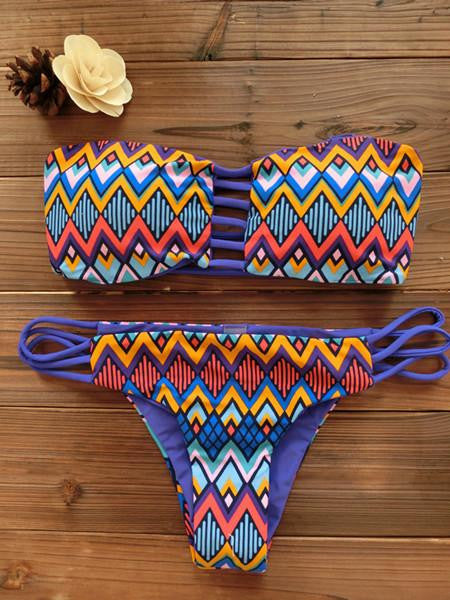 Women Bandeau Bikini Reversible Print swimsuit Strappy swimwear biquini trikini 1112